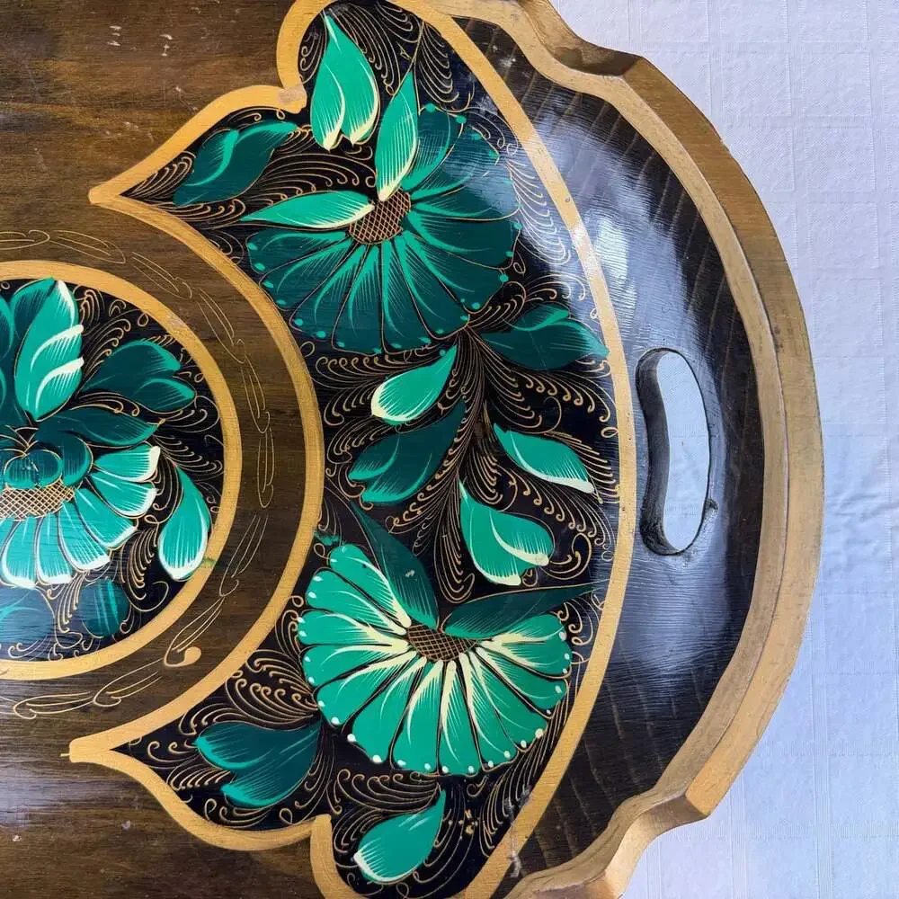 Oval Wood Serving Tray Green Floral Folk Art Gold Trim Handles Large 17in Mexico